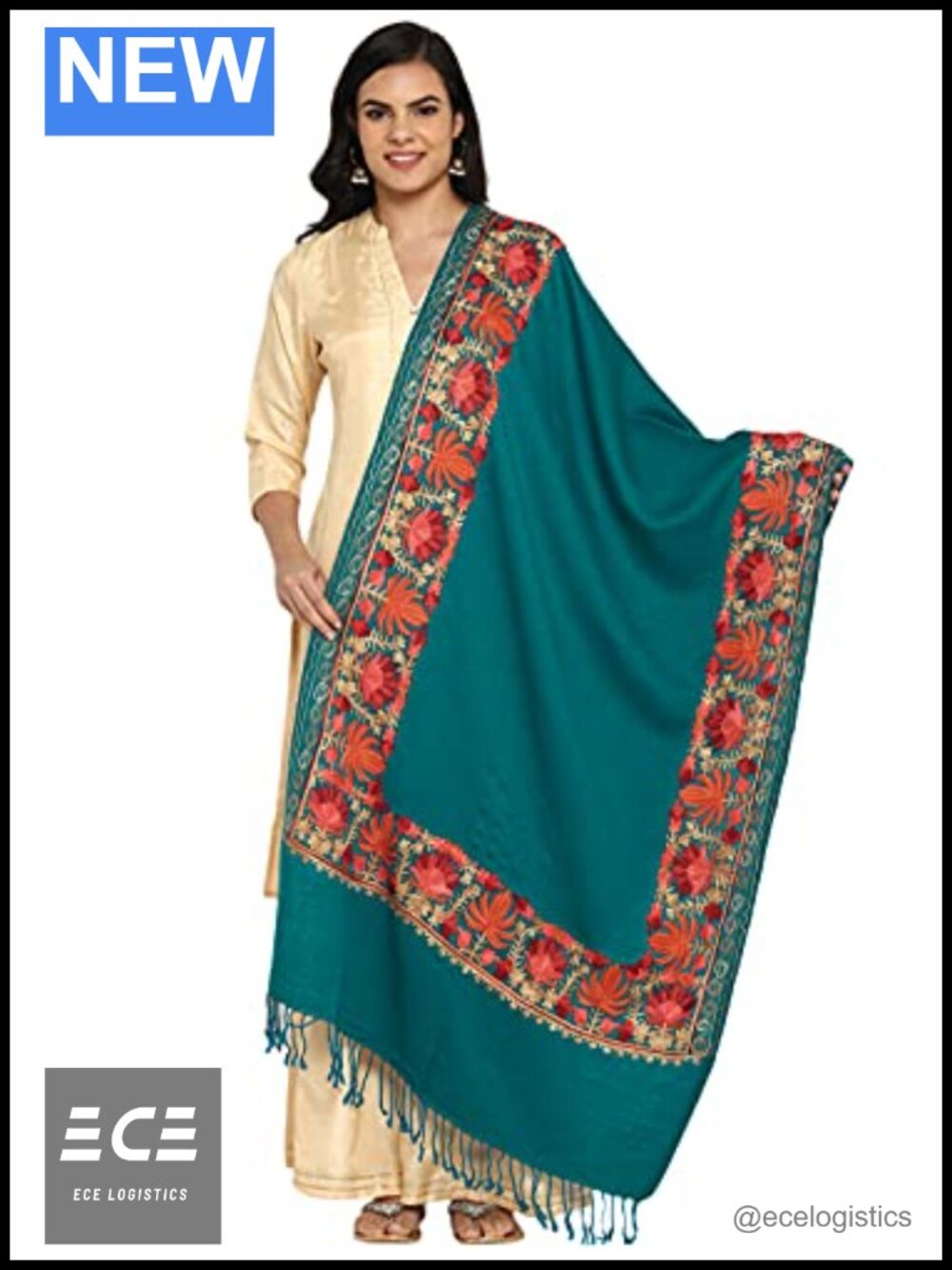 Embroidered Wool Pashmina Shawl Wrap Oversized Winter Stole